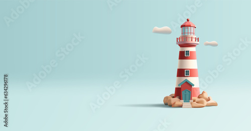 3d render illustration of a lighthouse with beacon, red and white building, isolated digital icon