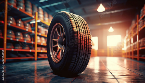 Tires in a tire store, Spare tire car, Seasonal tire change, Car maintenance and service center. © JKLoma