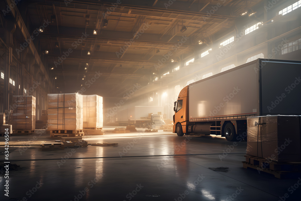 warehouse with shipping boxes and logistics trucks Generative AI