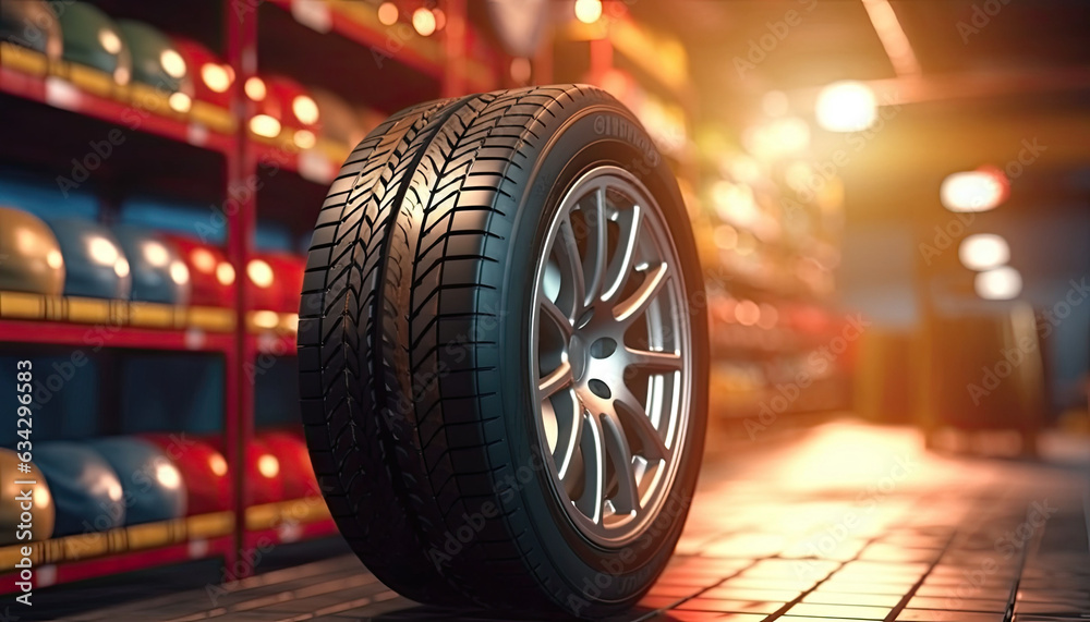 Tires in a tire store, Spare tire car, Seasonal tire change, Car maintenance and service center. Tires in a tire store, Spare tire car, Seasonal tire change, Car maintenance and service center.