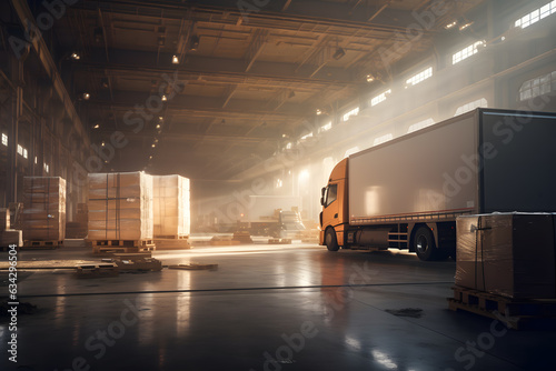 warehouse with shipping boxes and logistics trucks Generative AI
