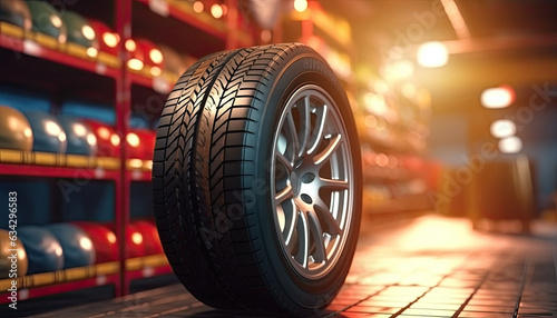 Tires in a tire store, Spare tire car, Seasonal tire change, Car maintenance and service center. © JKLoma
