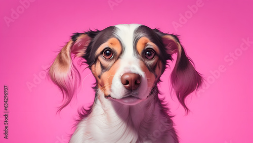 Portrait of a cute dog on a pink background. Studio shot.
