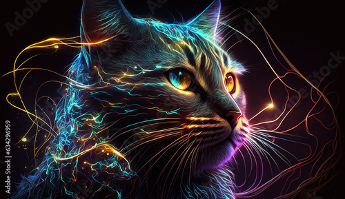 neon glow portrait of a cat on a black background.