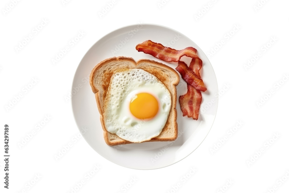Fried Eggs,toast and Bacon for breakfast isolated on transparent background. Generative Ai