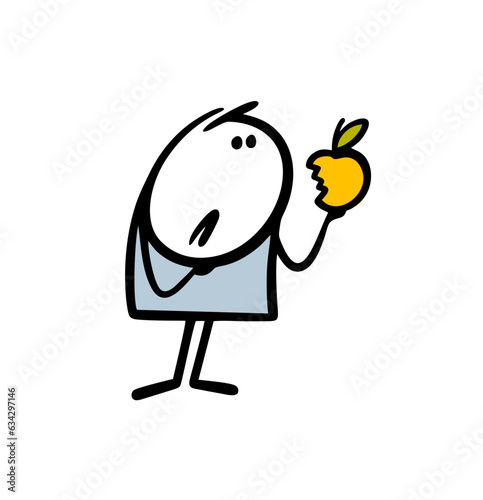 Doodle stickman holds a bitten tasteless apple. Vector illustration of a boy and healthy food from a tree in the garden.