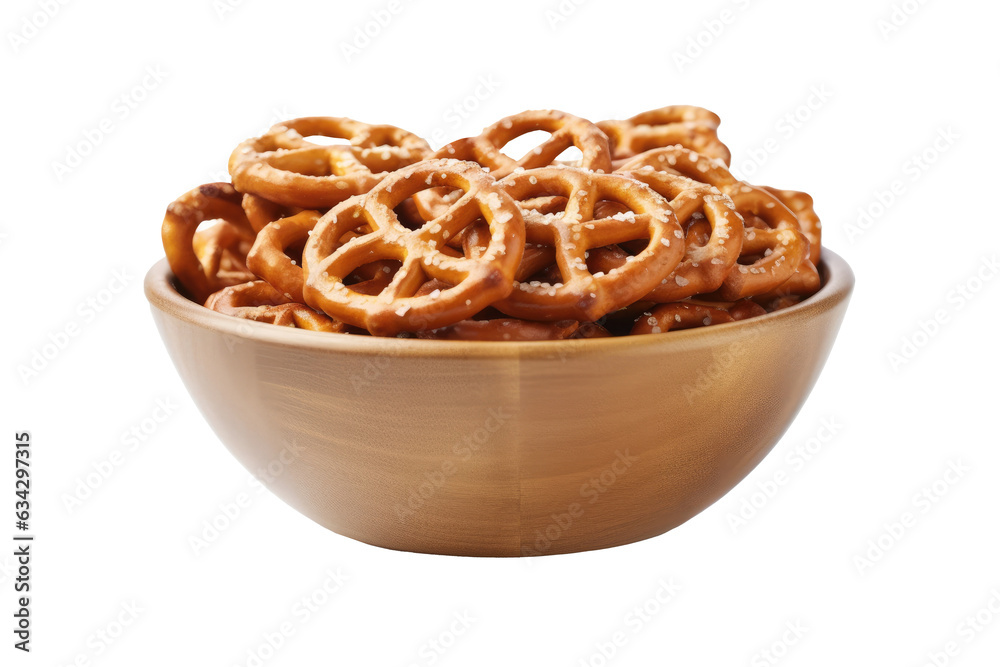 Mini pretzel on wooden bowl isolated on transparent background. Generative Ai Mini pretzel on wooden bowl isolated on transparent background. Generative Ai