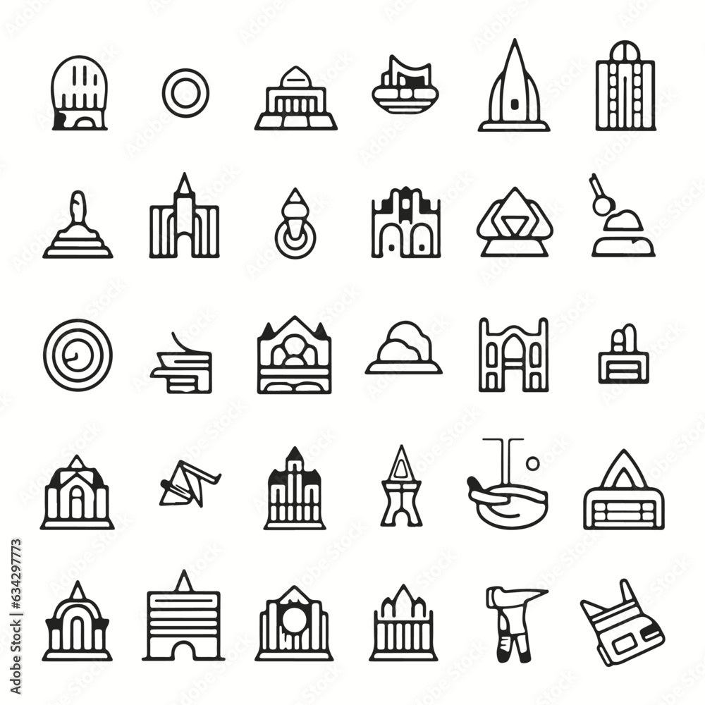 Outline icons set of travel app, black line, minimal, white background silhouette design.