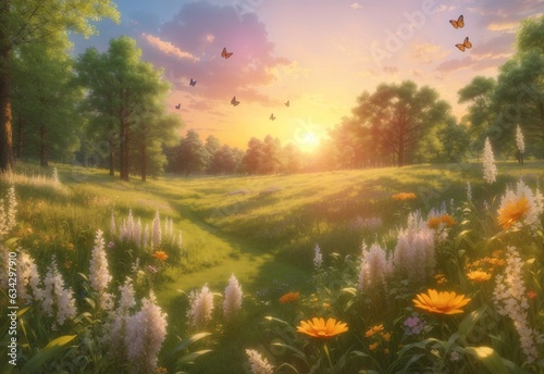 Summer forest glade with flowering grass and butterflies on a sunset day