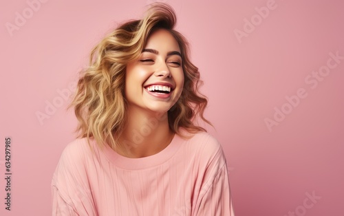 Happy ultra beauty girl, who is smiling and laughing, wearing bright clothes. Bright solid background. created by generative AI technology.