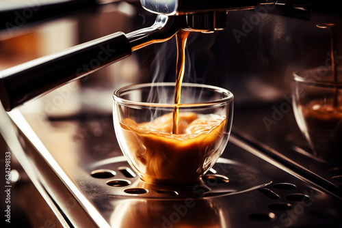 Coffee machine brewing coffee espresso to cup close up. generative ai.
