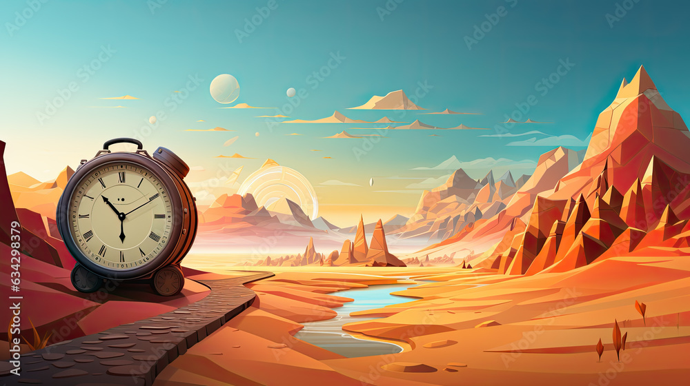 creative illustration of a clock and a beautiful landscape in the background. Generative AI - obrazy, fototapety, plakaty 