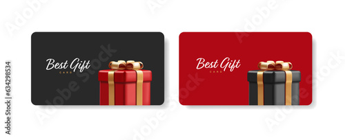 Loyalty program, customer gift reward bonus card with illustration of 3d render style gift box in red and black colors with golden ribbon