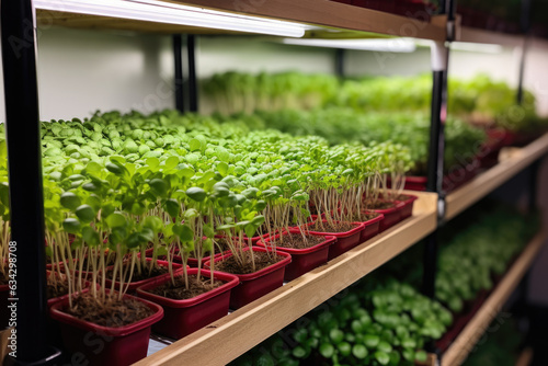 Shelves with radish microgreens on a mini farm, hydroponic urban microgreens farm. Generative AI