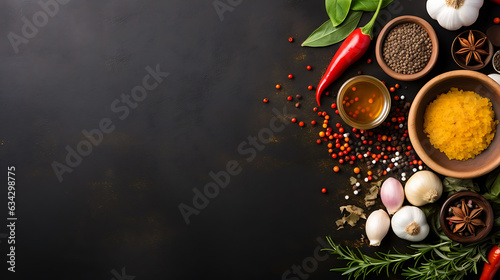 Red Chilli with Spices and Herbs on dark Blackground