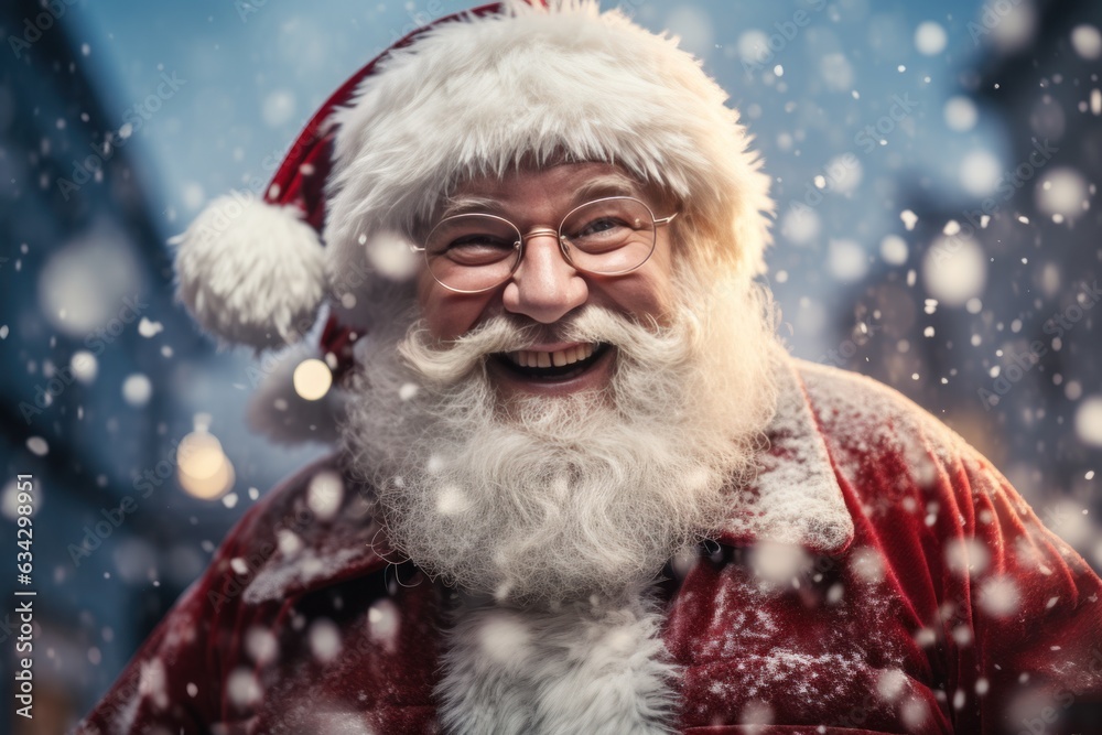 Happy Santa Claus outdoors in heavy snow. Happy Santa Claus outdoors in heavy snow.
