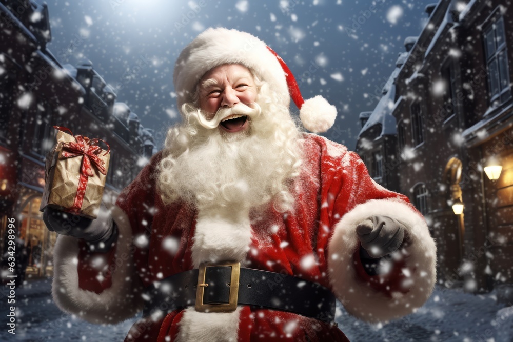 Happy Santa Claus outdoors in heavy snow. Happy Santa Claus outdoors in heavy snow.