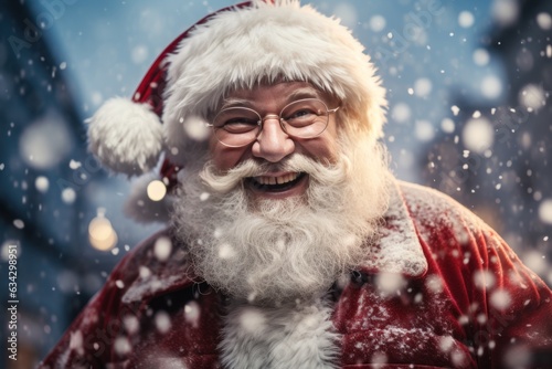 Happy Santa Claus outdoors in heavy snow.
