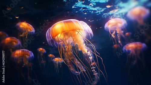 fantastic glowing jellyfish, ocean alien underwater creature.