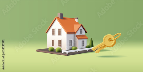 3d render vector illustration of house with keys, real estate property investment, mortgage and leasing