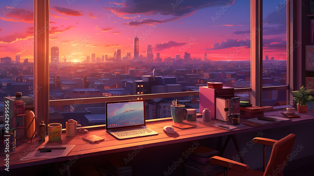 a laptop on a table with city skyline view sunset Lofi anime style