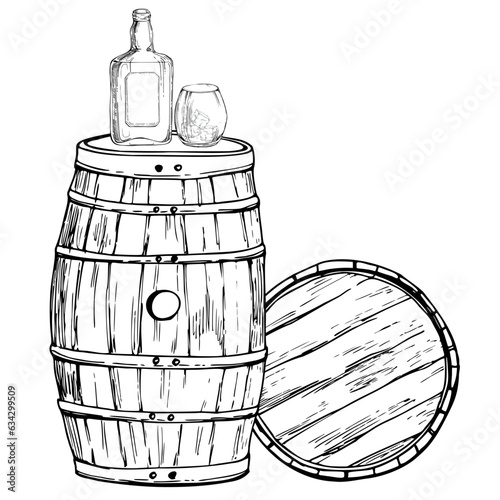 Ink hand drawn vector graphic sketch. Scotch scottish whisky whiskey wooden barrel, bottle with label and glass with rocks. Design for tourism, travel, brochure, wedding, guide, print, card, tattoo.