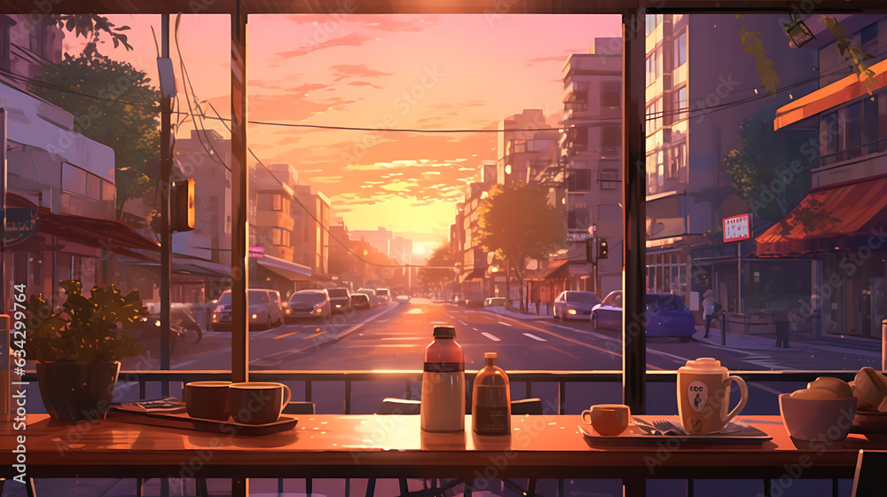 a bottte on a table next to a window from a cafe with street sunset view Lofi anime style