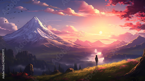 person standing in front of the mountain view and the lake during sunrise Lofi anime style