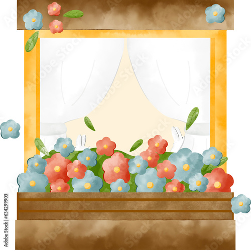 A window pane surrounded by beautiful flowers.