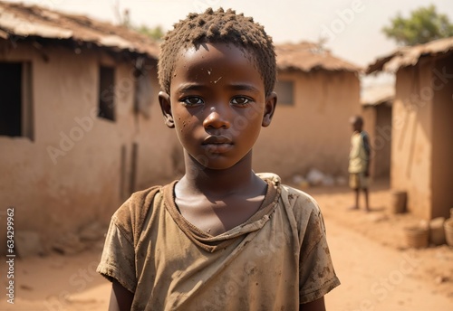 Portrait of little kid, dirty boy standing in poor african village