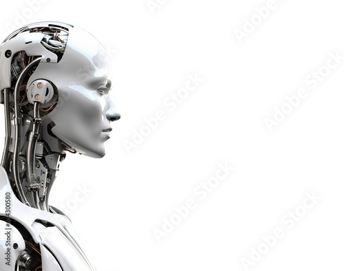 Thinking humanoid side view with white space, 3D render, isolated background.