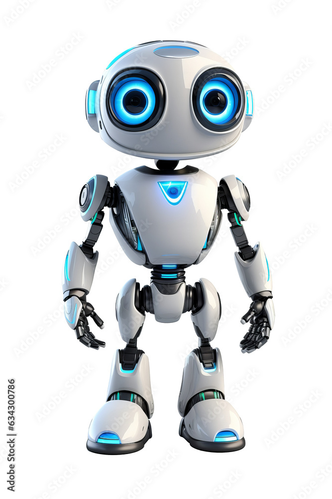 Cute little humanoid robots, 3D characters, isolated backgrounds.
