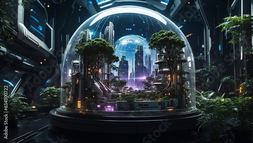 views of the city s ecosystem with green trees in a beautiful and cool glass dome made by ai