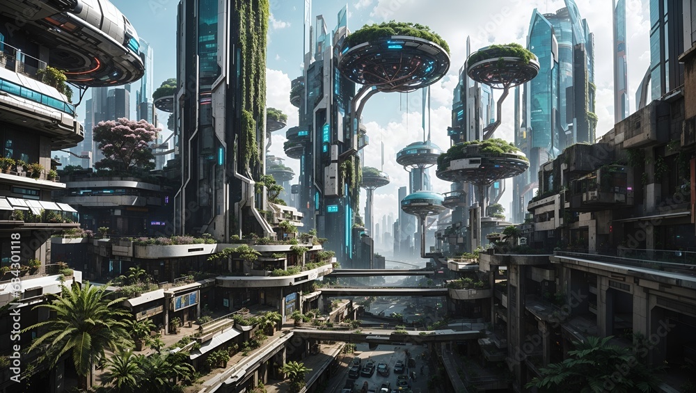 views of the city of the future with an environmentally friendly with lots of green plants made by ai