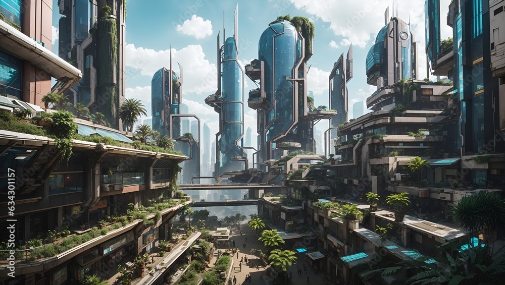 views of the city of the future with an environmentally friendly with lots of green plants made by ai