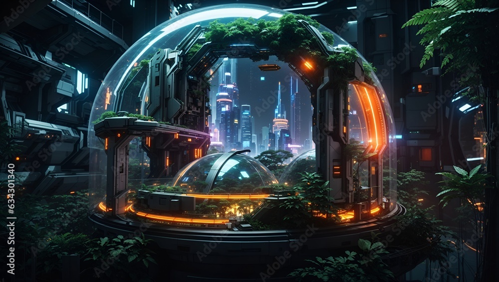 view of the city and green ecosystem inside a beautiful glass dome with orange lights made by ai