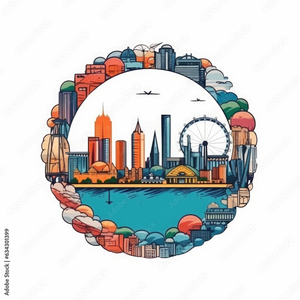 A circle shape frame with center space of Singapore city skyline in simple doodle color cartoon style. beautiful Generative AI AIG32 - obrazy, fototapety, plakaty 
