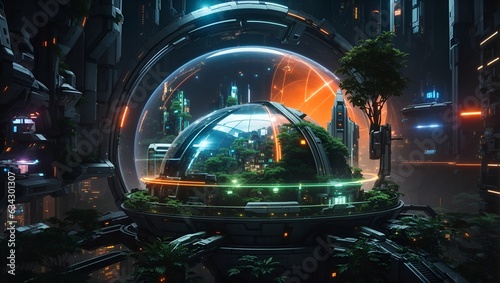 view of the city and green ecosystem inside a beautiful glass dome with orange lights made by ai