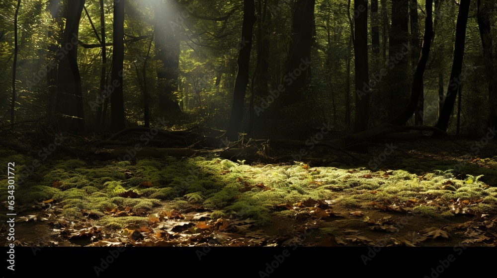 Fototapeta premium a sunbeam shines through the trees in a forest. generative ai