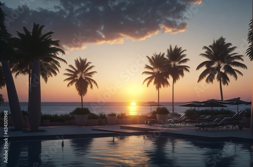 Beach Sunset View From Pool - AI Generated © Asanga