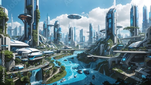 photo of beautiful future city with river and pretty greenery made by ai