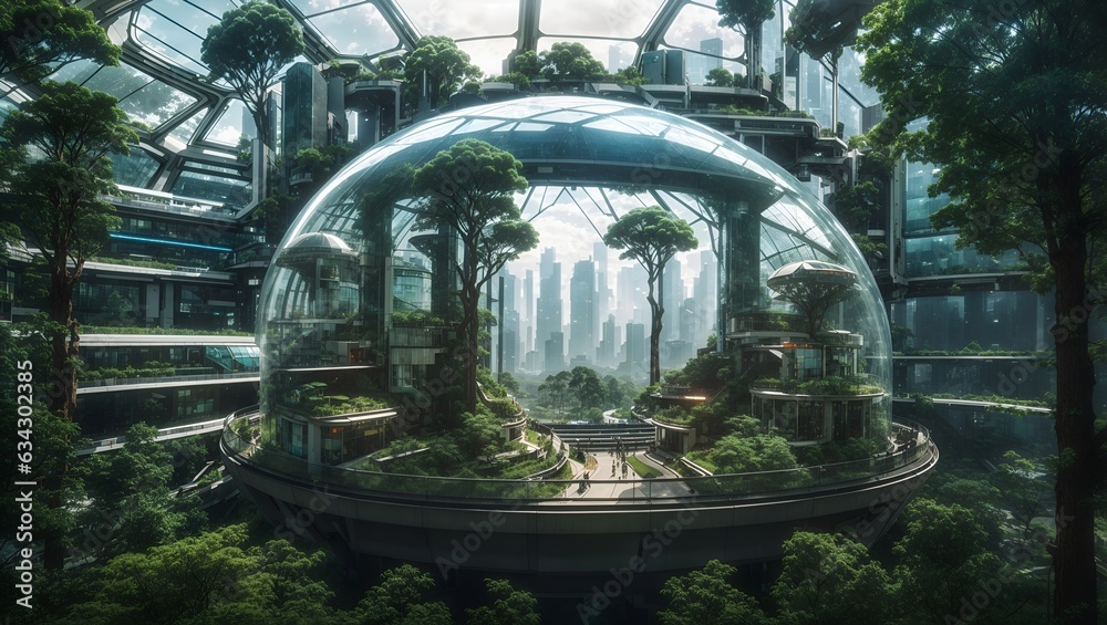 a panoramic photo of the green city ecosystem inside a beautiful glass dome in cyberpunk style made by ai