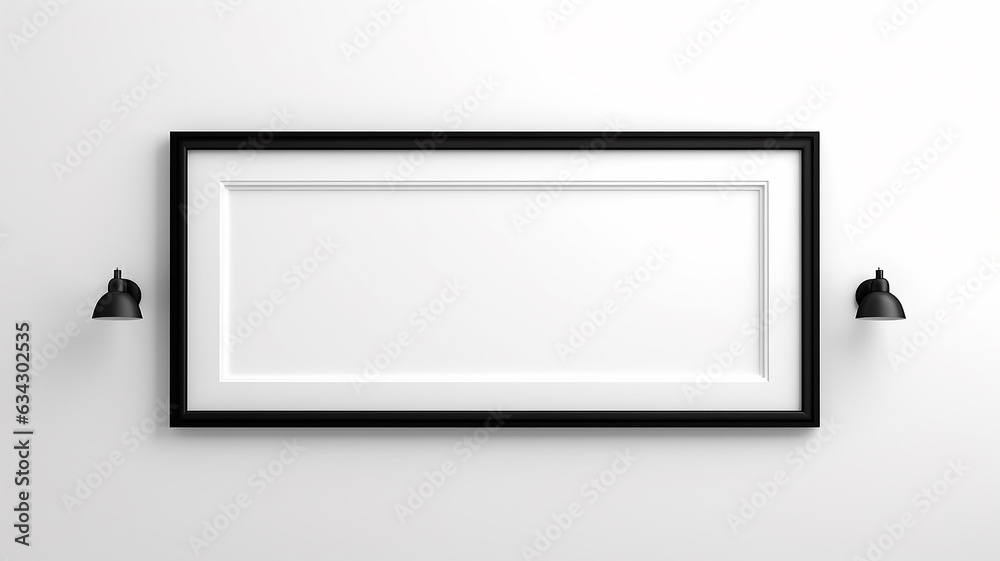 the interior is an empty wall with a thin black narrow frame inside an empty white background. the interior is an empty wall with a thin black narrow frame inside an empty white background.