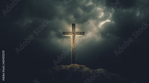 a glowing cross against a gloomy sky concept faith religion.
