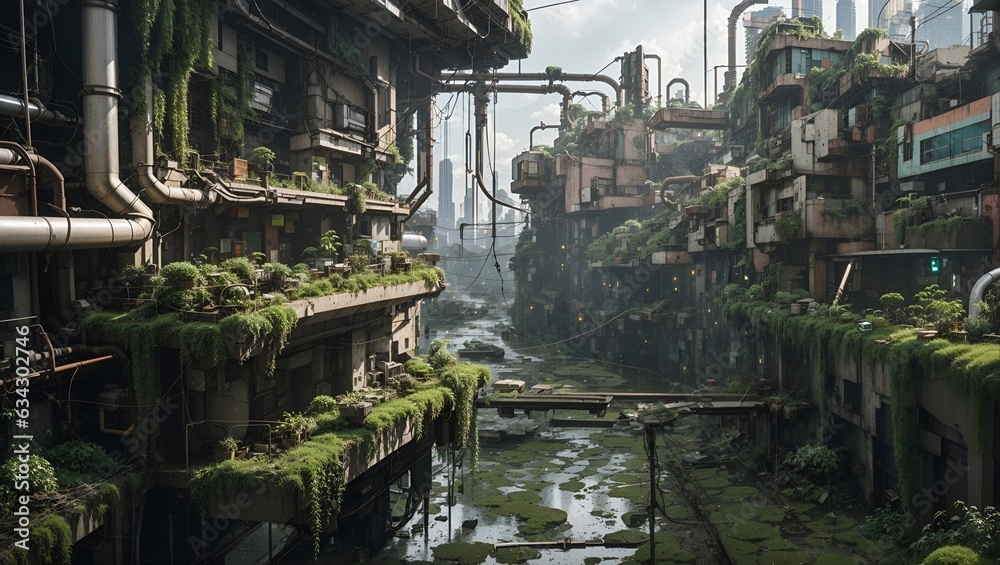 a photo of a view of the ruins of a city that has grown a lot of green plants made by ai