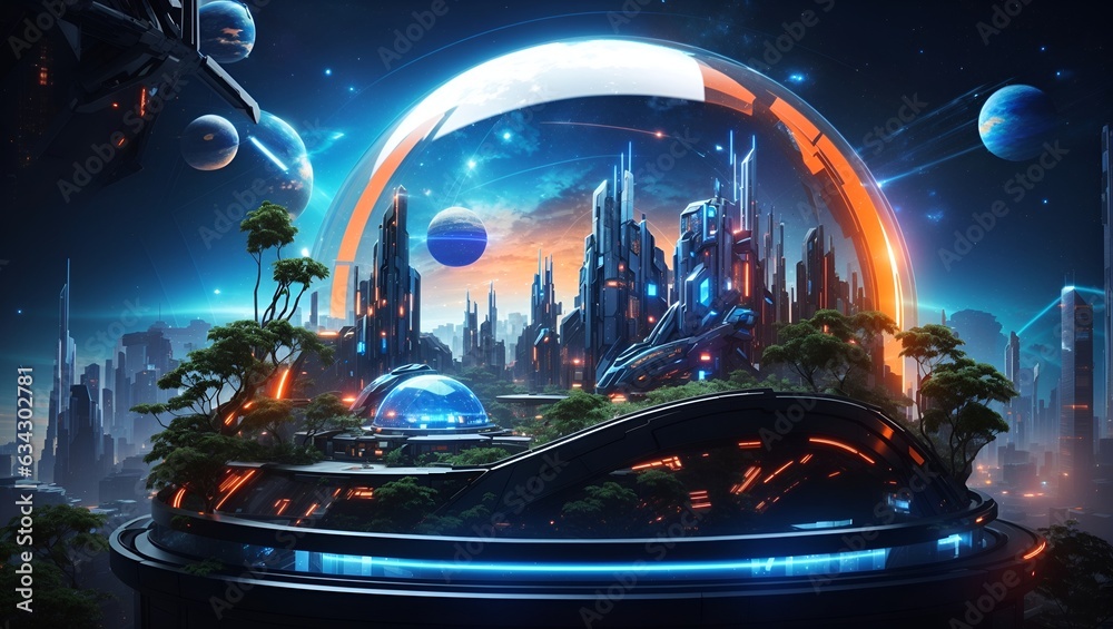 a view of the ancient city with lots of blue and orange lights inside a beautiful glass dome in cyberpunk style made by ai - obrazy, fototapety, plakaty 