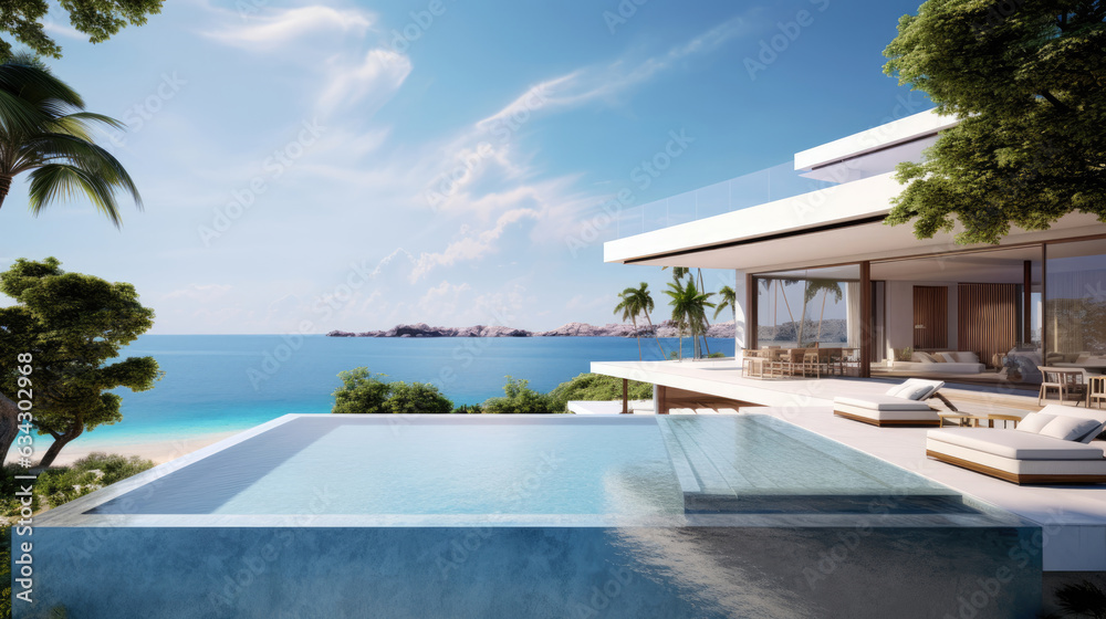 Fototapeta premium A modern beachfront villa with infinity pool overlooking the Caribbean Sea
