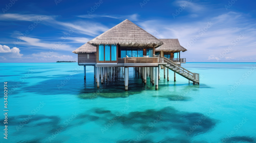 An overwater bungalow with a clear floor in the Maldives