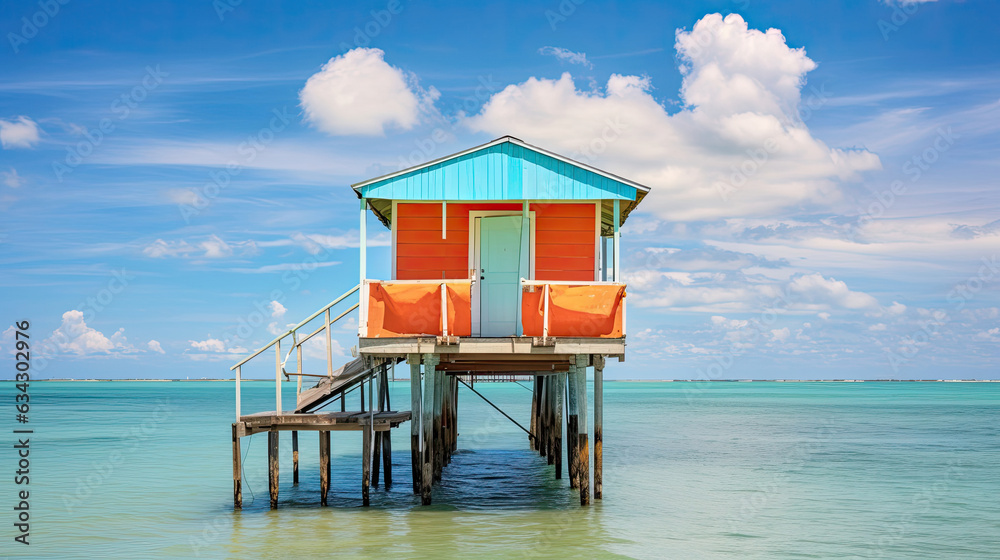 A colorful beach hut on stilts A colorful beach hut on stilts