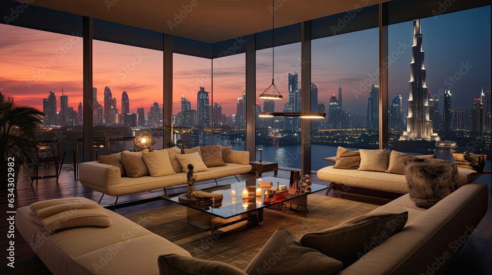 A luxury penthouse apartment with skyline views